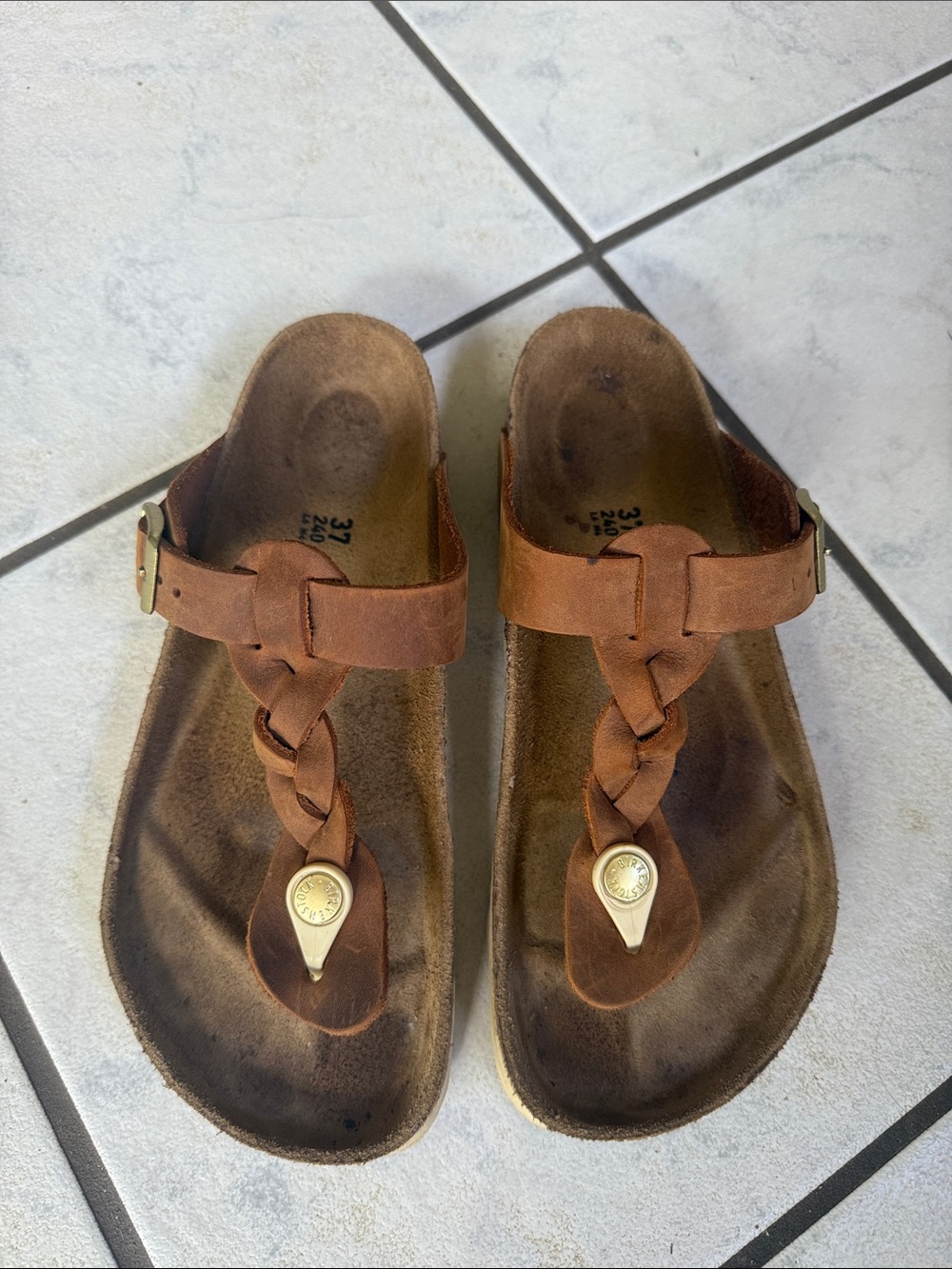 Birkenstock Brown Braided Leather T-Strap Sandals